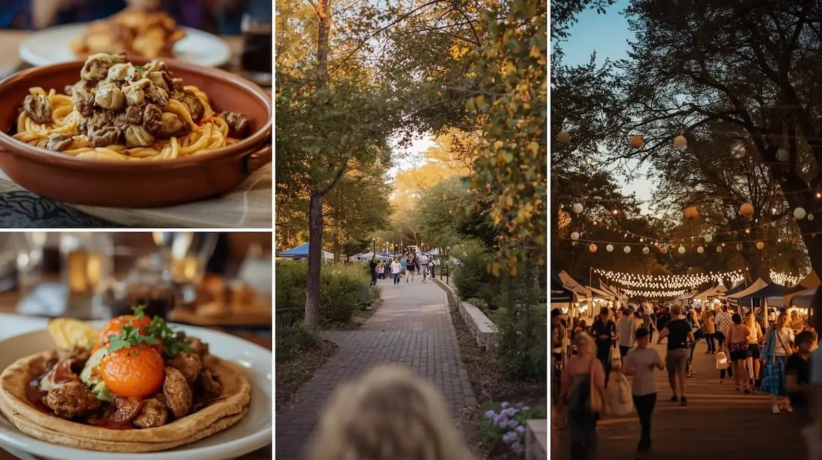 Collage of Tulsa dining, outdoor trails, and community events.