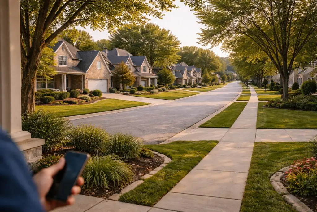 First-person view of a Tulsa real estate agent standing on a South Tulsa or Broken Arrow sidewalk