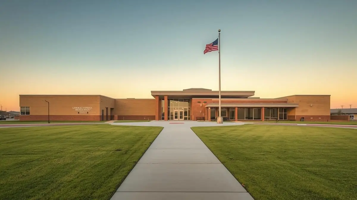 Modern public school building in Broken Arrow OK with brick exterior and landscaped entrance.