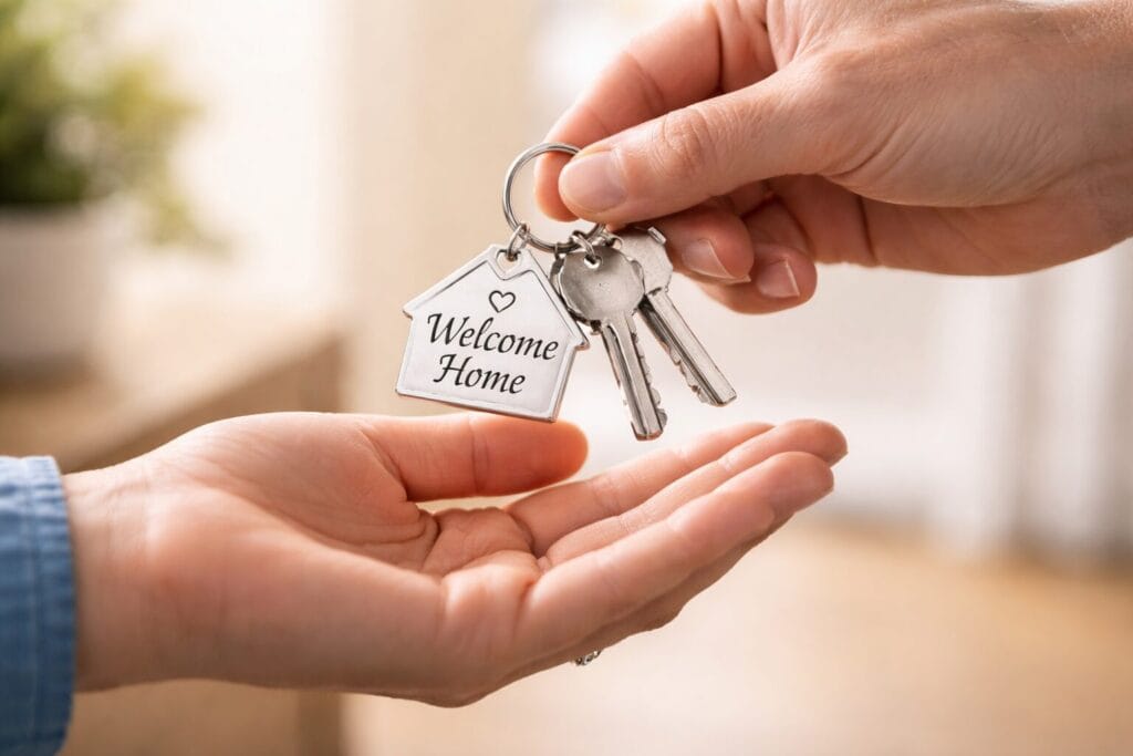 House keys with a welcome home keychain being handed to a buyer