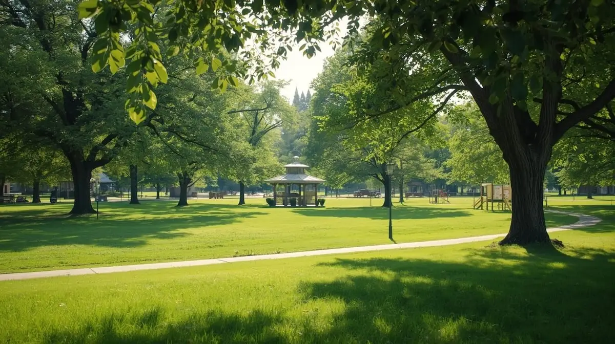 Community park in Coweta OK with open green space, trees, and walking paths.