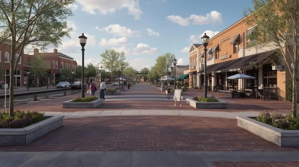 Scenic daytime view of the Jenks OK Riverwalk with storefronts, outdoor areas, and riverfront paths.