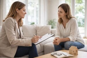 Client meeting with a real estate agent in a Tulsa living room