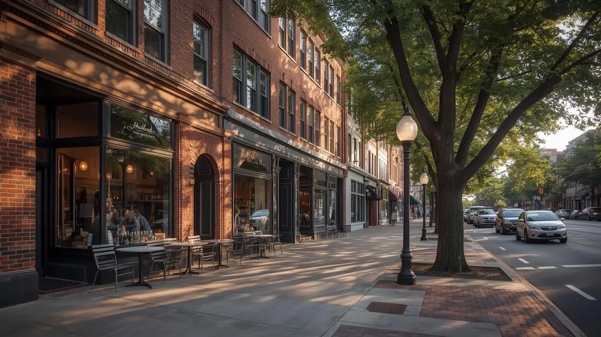 Stylish Midtown Tulsa shopping district with brick storefronts, trees, and sidewalk cafés.