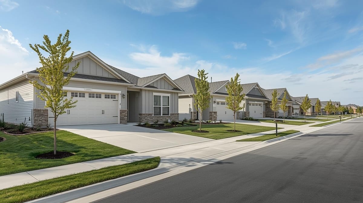 Row of new construction homes in the Tulsa metro that appeal to first-time homebuyers.