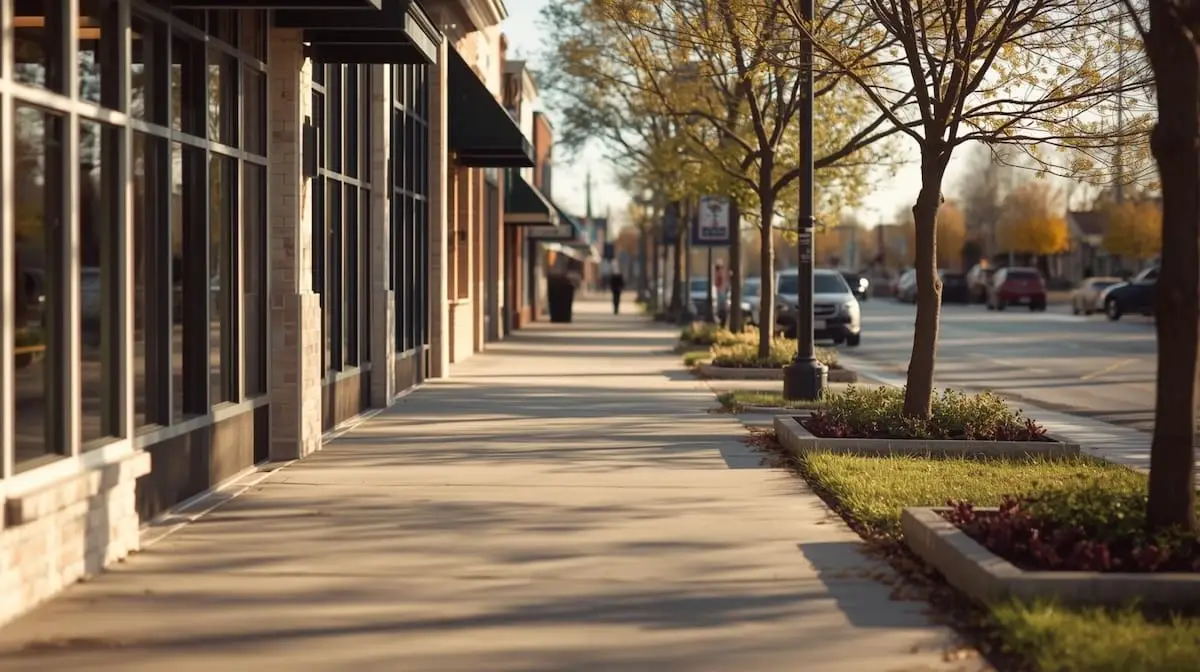 Vibrant entertainment and shopping plaza in Owasso OK with brick pathways and storefronts.