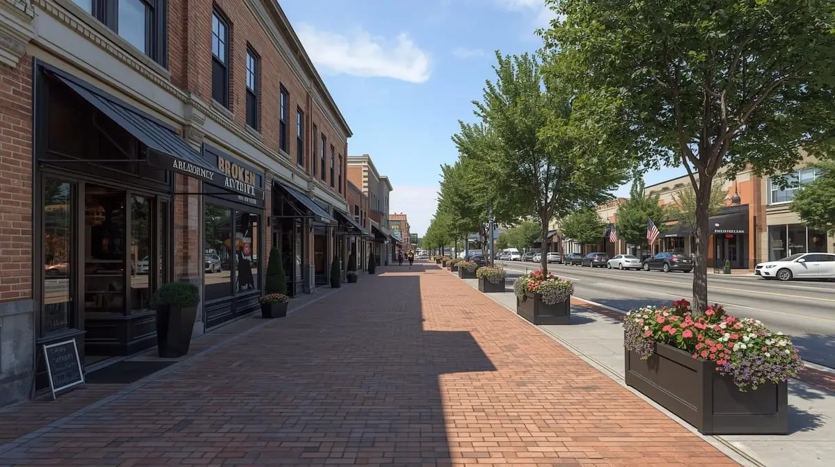 Daytime scene of the Rose District in Broken Arrow OK with boutique shops and outdoor planters.