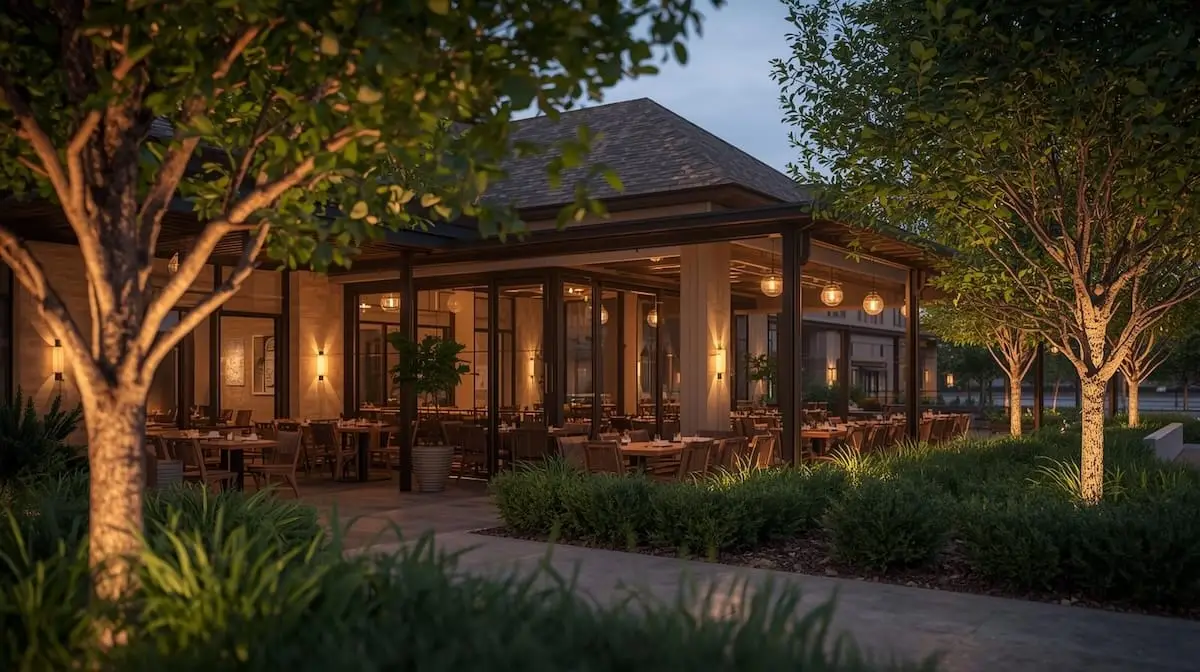 Upscale South Tulsa restaurant patio with greenery and warm natural light.