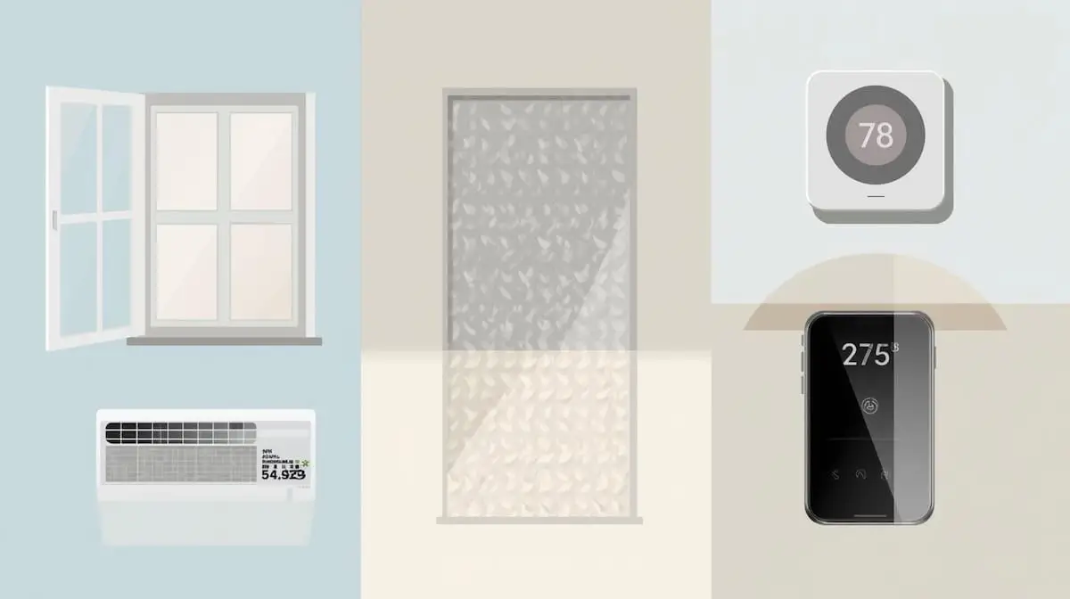 Minimalist illustration of home energy-efficiency elements such as insulation, HVAC, and sealed windows