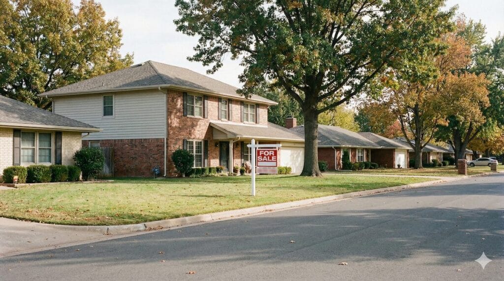 Tulsa-area home with a for sale sign in a residential neighborhood