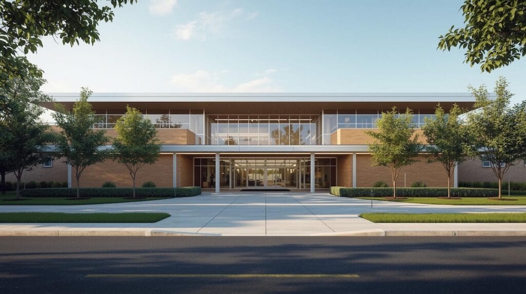 Modern school building exterior reflecting education options available across Tulsa neighborhoods and lifestyle.