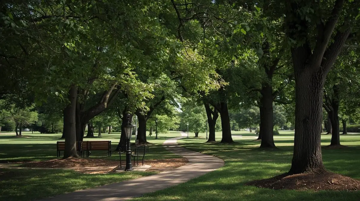 Scenic view of Washington Irving Park in Bixby OK with trees, walking paths, and riverside landscape.