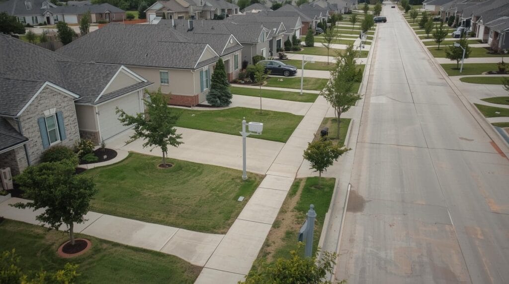 Drone view of a Tulsa suburban neighborhood popular with downsizers.