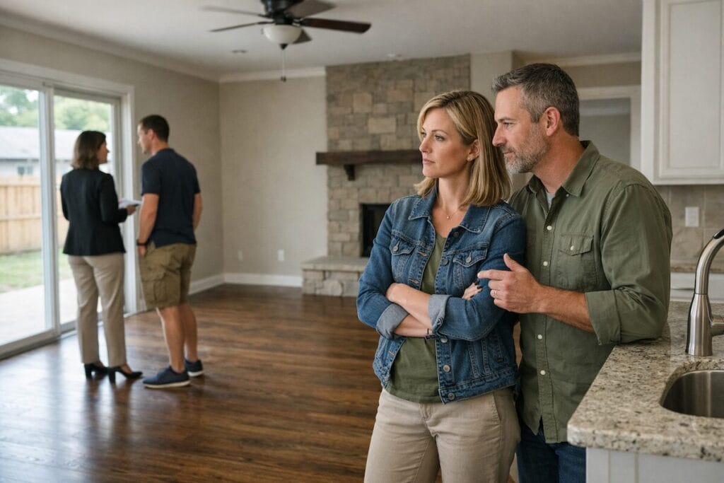 Buyers touring a home while planning to sell their current property