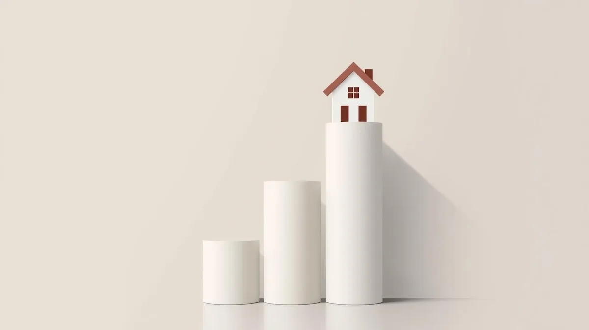 Illustration of a house on a rising bar chart representing equity and buying power for Tulsa move-up buyers.