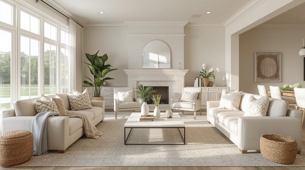 Bright and airy living room with neutral décor, large windows, and staged furnishings, showcasing ideal presentation when Selling a Home in Tulsa.