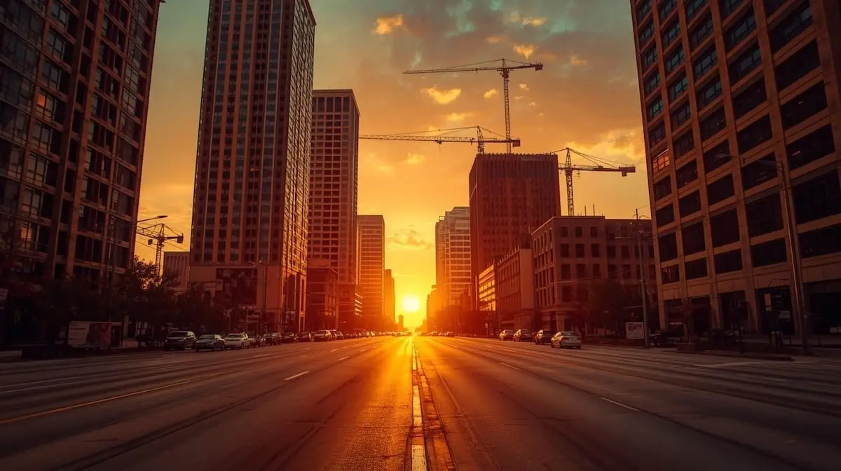 Downtown Tulsa business district at golden hour showing growth.