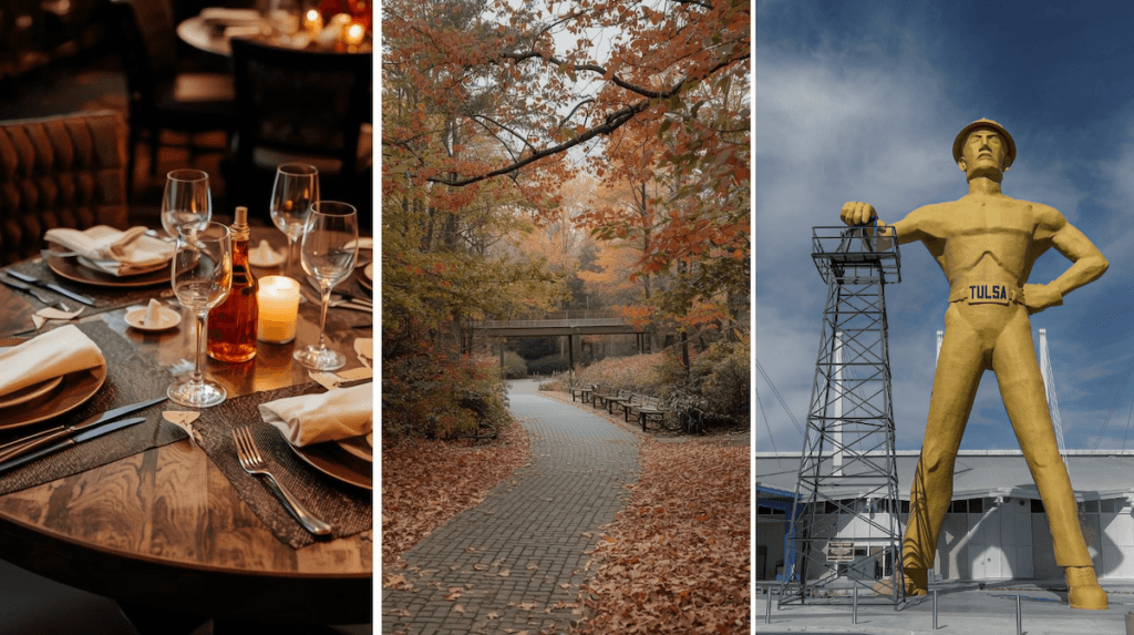 Collage of Tulsa amenities including dining, parks, and landmarks that shape the Tulsa neighborhoods and lifestyle experience.