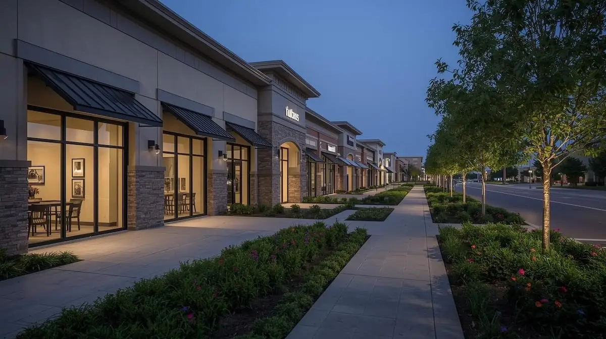 Modern suburban shopping district in Bixby OK with landscaped walkways and storefronts.