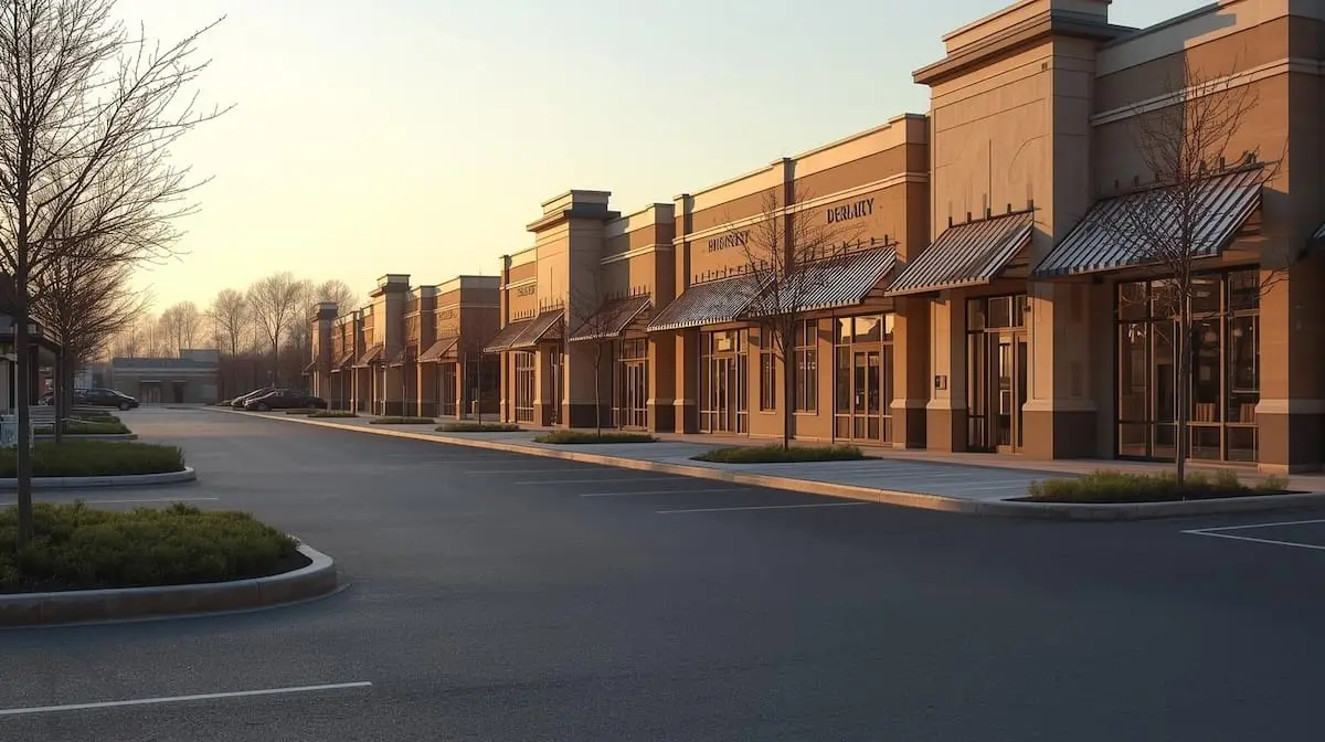Suburban shopping area in Broken Arrow OK with modern storefronts and landscaped walkways.