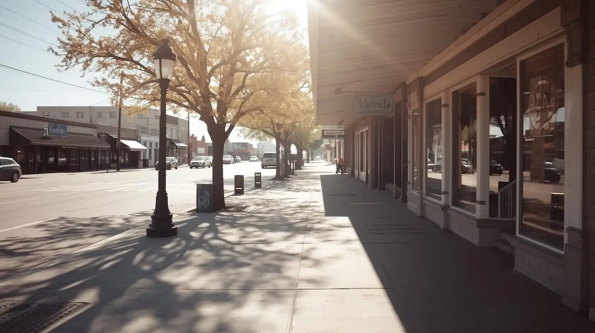 Small-town retail area in Coweta OK with storefronts and sidewalks under bright daylight.