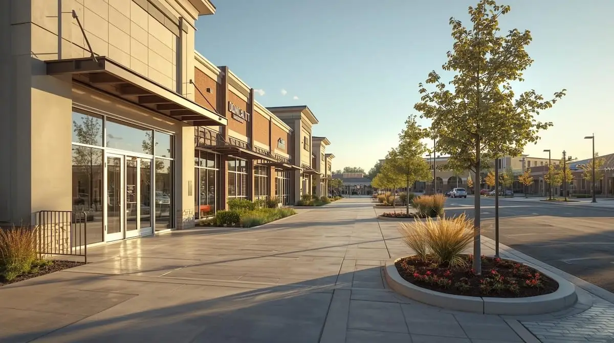 Modern suburban shopping district near Jenks OK with clean storefronts and landscaped walkways.