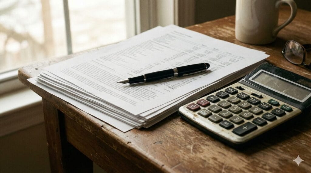 Loan documents and calculator used to review home equity financing