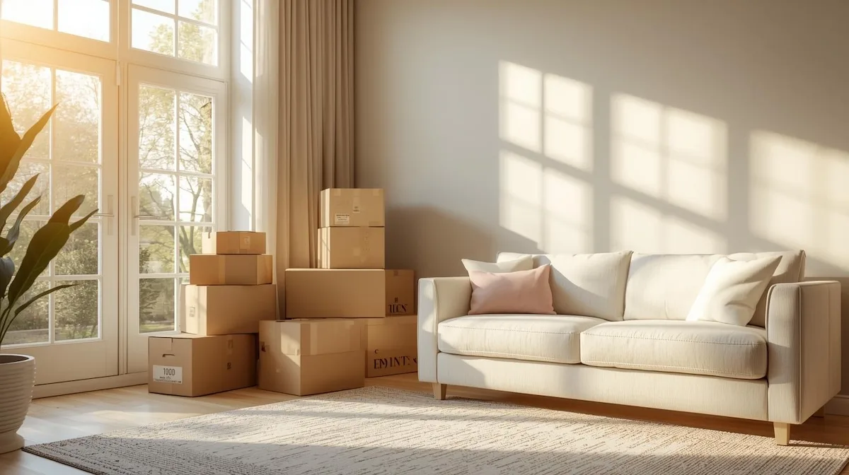 Living room with moving boxes showing what it’s like to settle into a new Tulsa home
