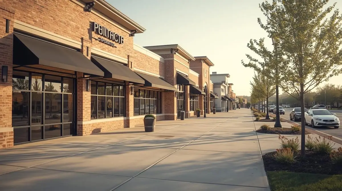 Suburban shopping district in Owasso OK with clean storefronts and landscaped sidewalks.