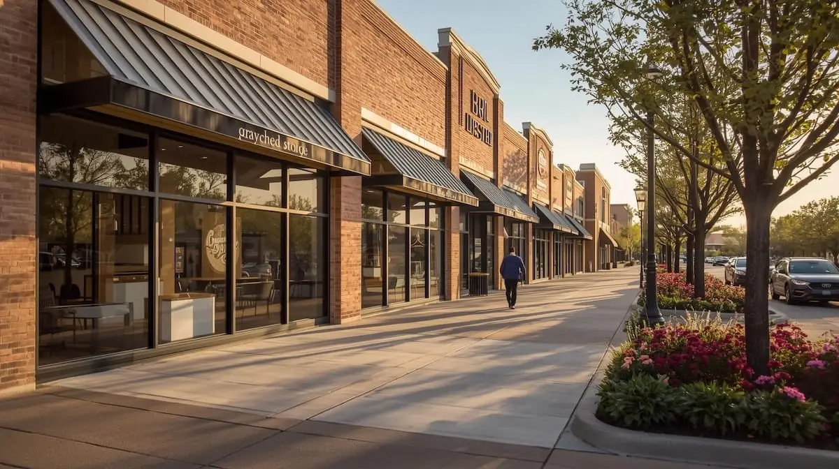 Upscale South Tulsa retail center with clean storefronts, landscaping, and bright daylight.