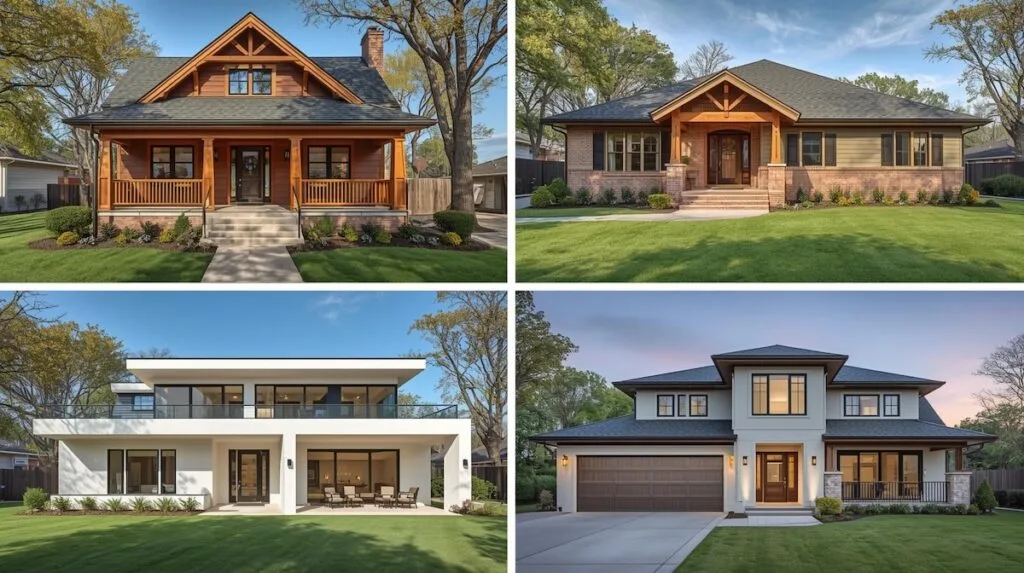 Visual comparison of Craftsman, ranch, modern suburban, and new construction homes common in Tulsa neighborhoods and lifestyle.