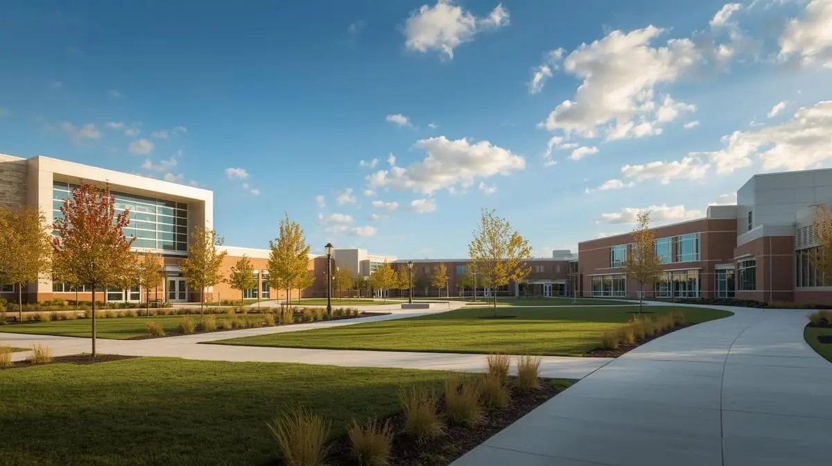 Modern Tulsa school campus with landscaped walkway.