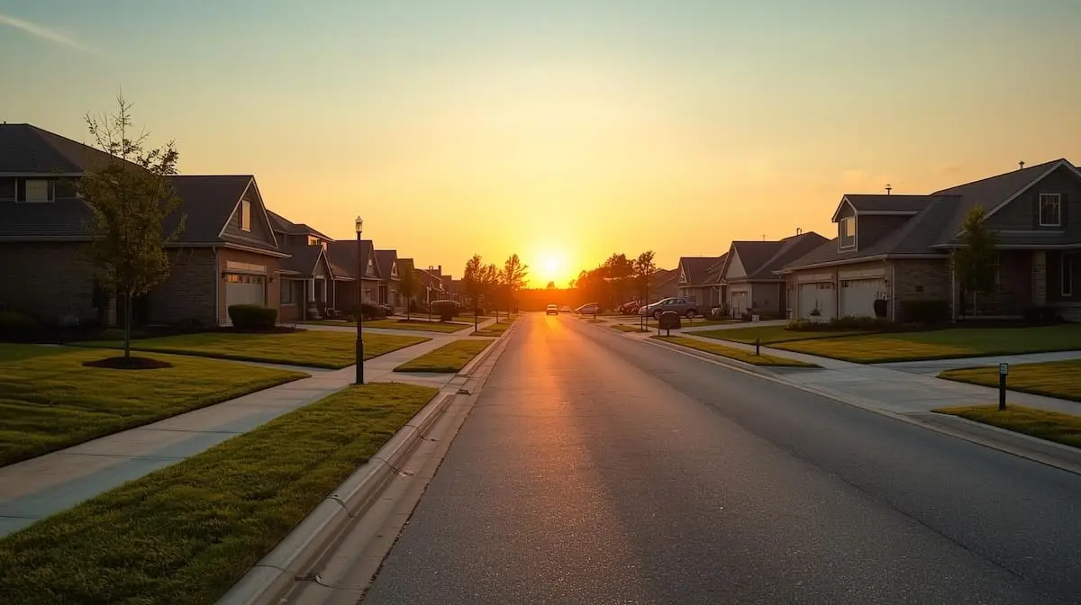 Quiet Bixby OK neighborhood street at sunset with newer homes and manicured lawns.