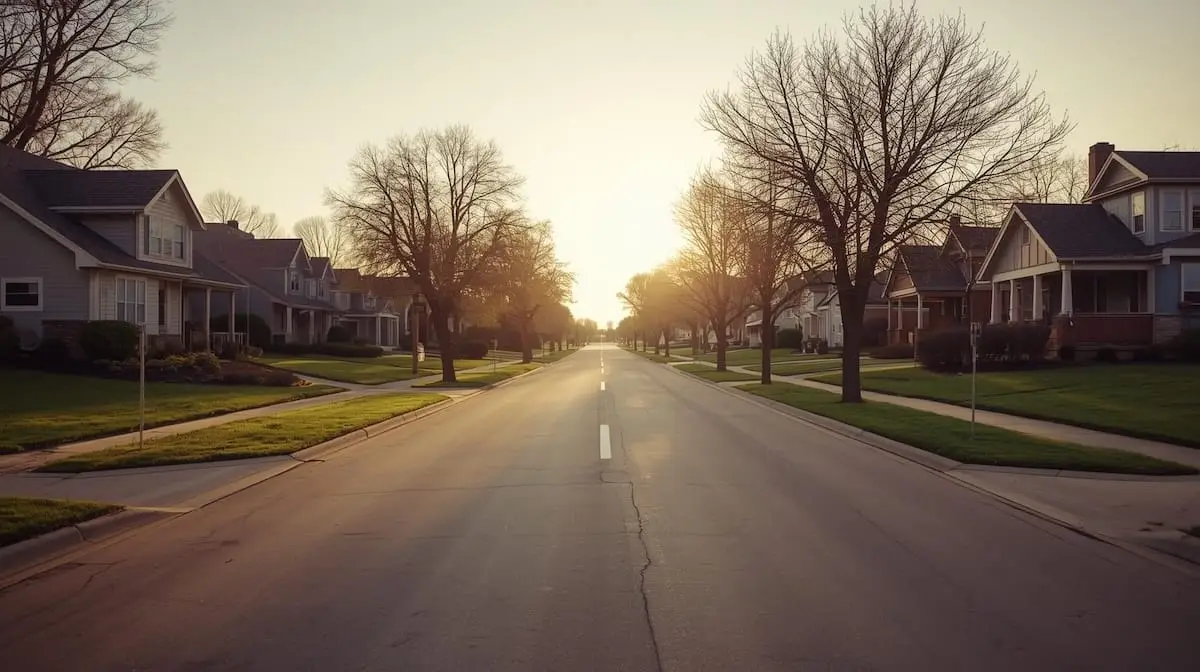 Quiet Broken Arrow OK neighborhood street at sunset with well-kept homes.