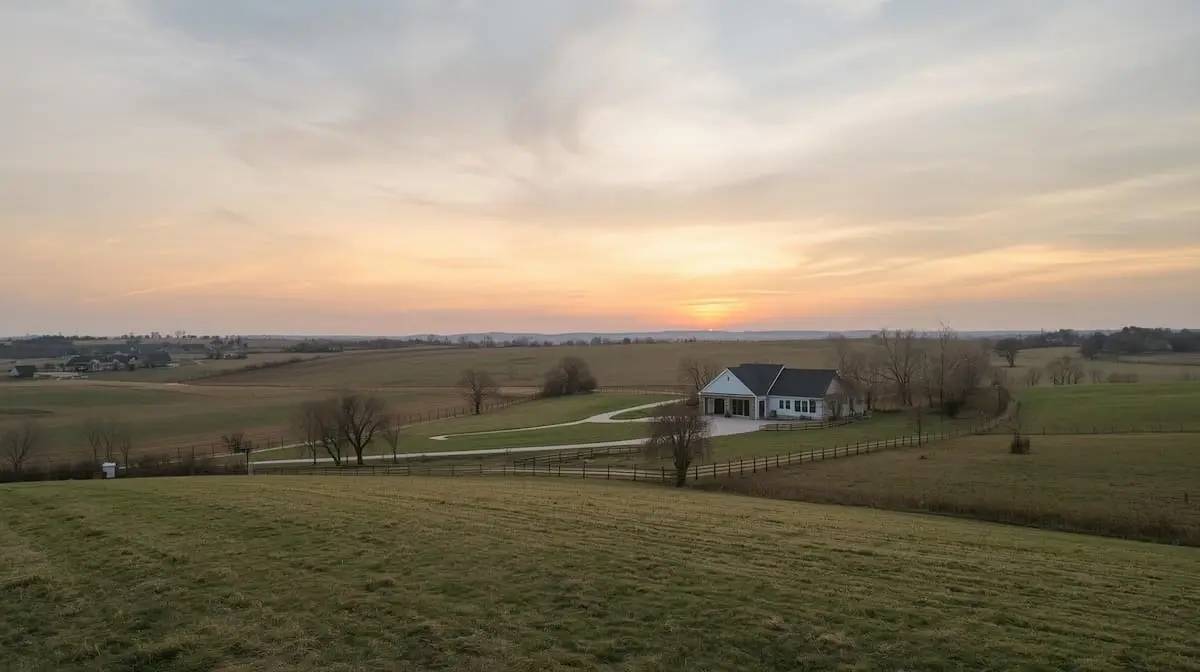 Acreage home in Coweta OK at sunset with wide-open sky and spacious yard.