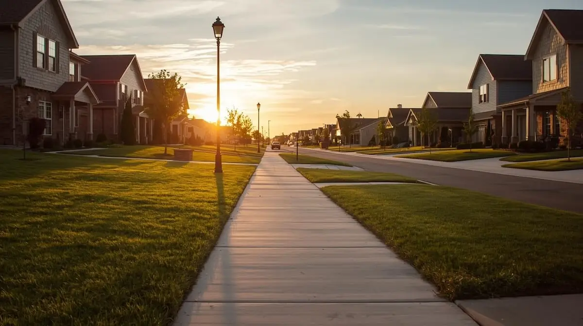 Quiet Jenks OK neighborhood street at sunset with newer homes and landscaped lawns.