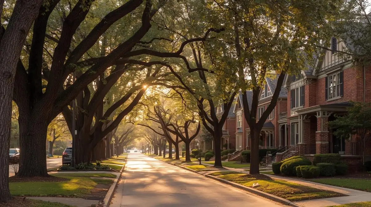 Historic Midtown Tulsa neighborhood at sunset with mature trees and warm lighting.