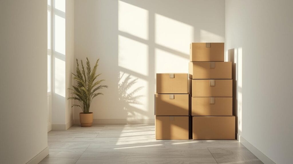 Neatly stacked moving boxes illustrating the moving phase of downsizing.