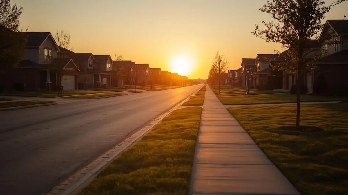 Quiet Owasso OK neighborhood street at sunset with manicured lawns and modern homes.