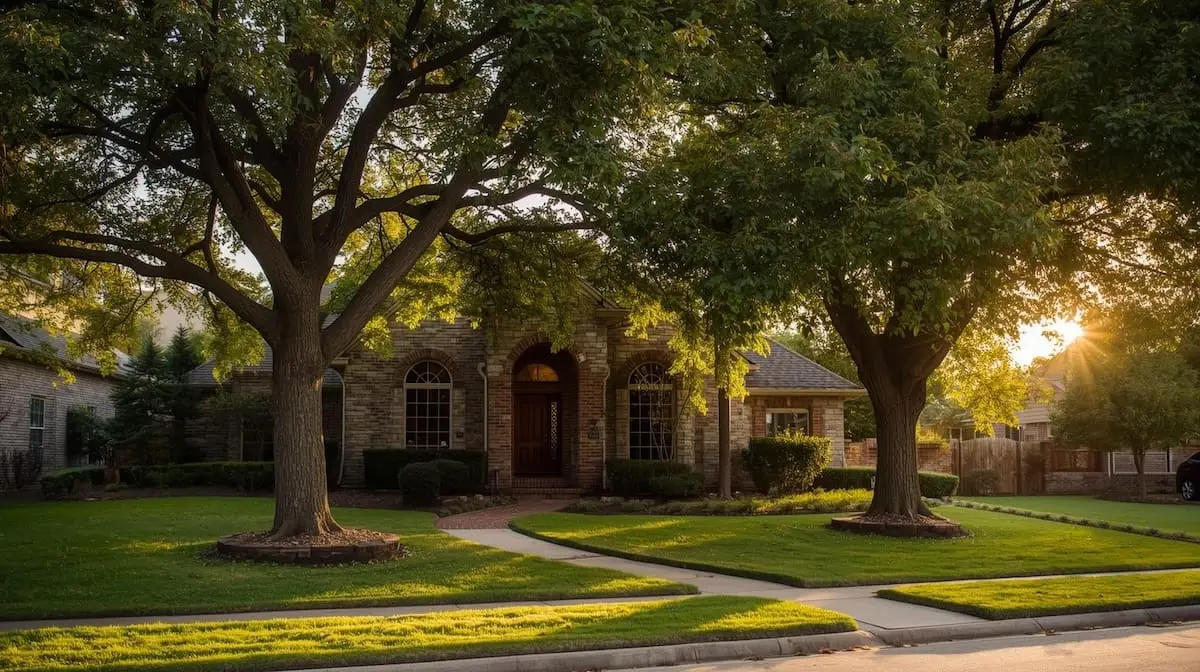 Upscale South Tulsa home exterior at golden hour with manicured lawn and mature trees.