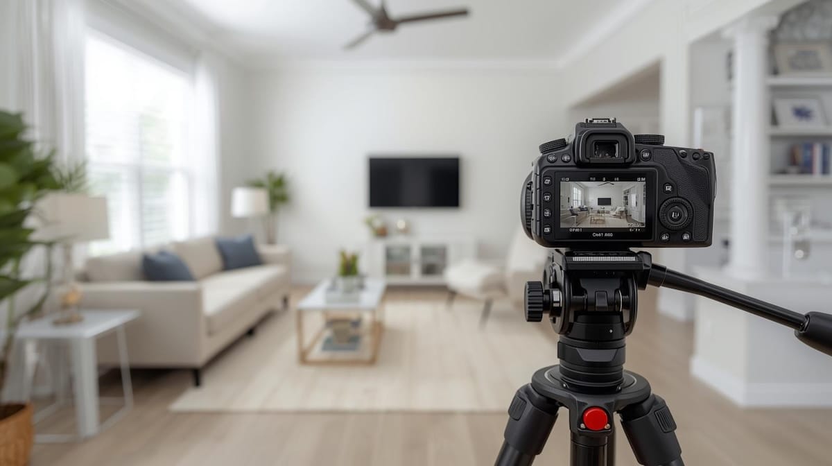 Professional real estate photography setup in a staged Tulsa home.