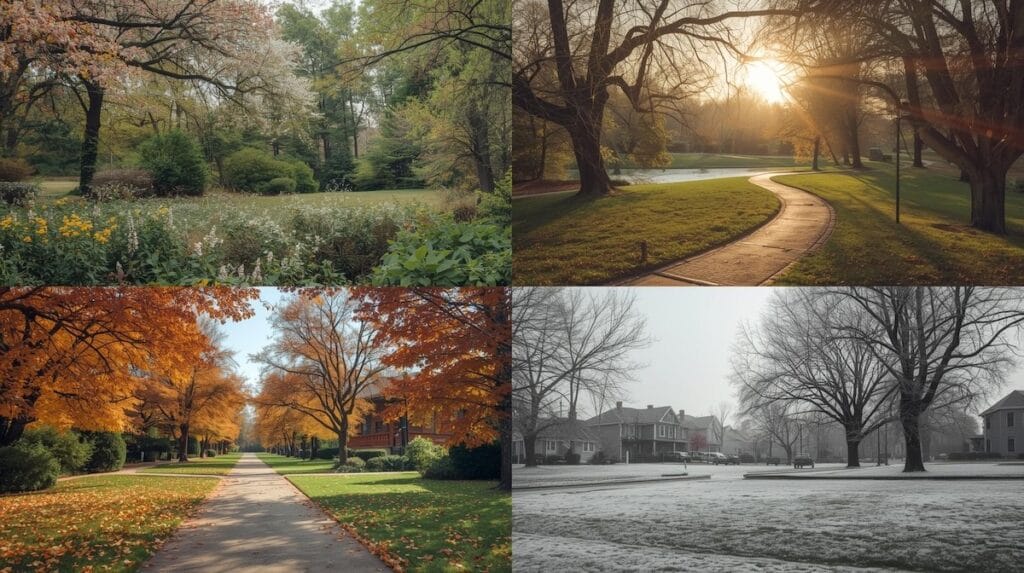 Four-season collage showing how weather impacts everyday life in Tulsa neighborhoods and lifestyle.