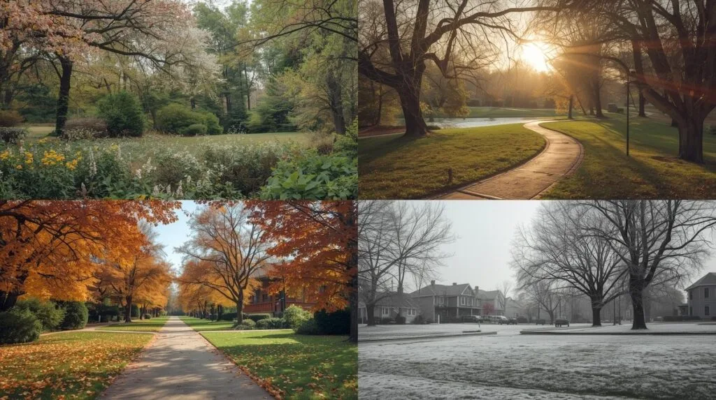 Four-season collage showing how weather impacts everyday life in Tulsa neighborhoods and lifestyle.