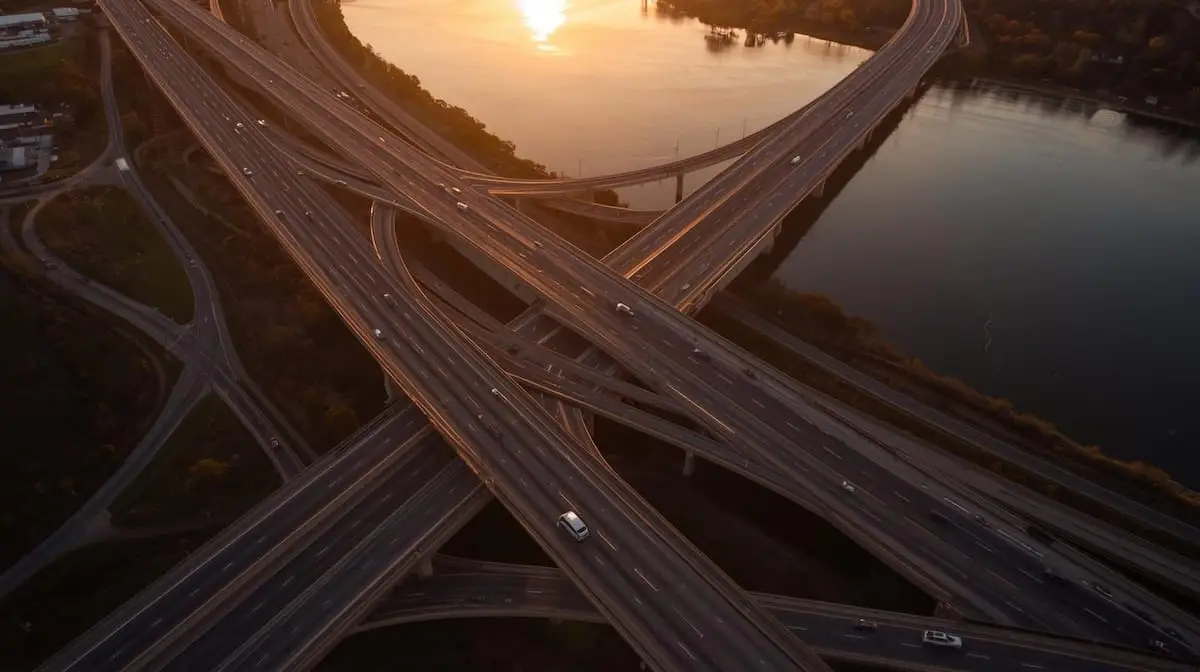 Aerial view of Tulsa’s major highways and river at sunset.