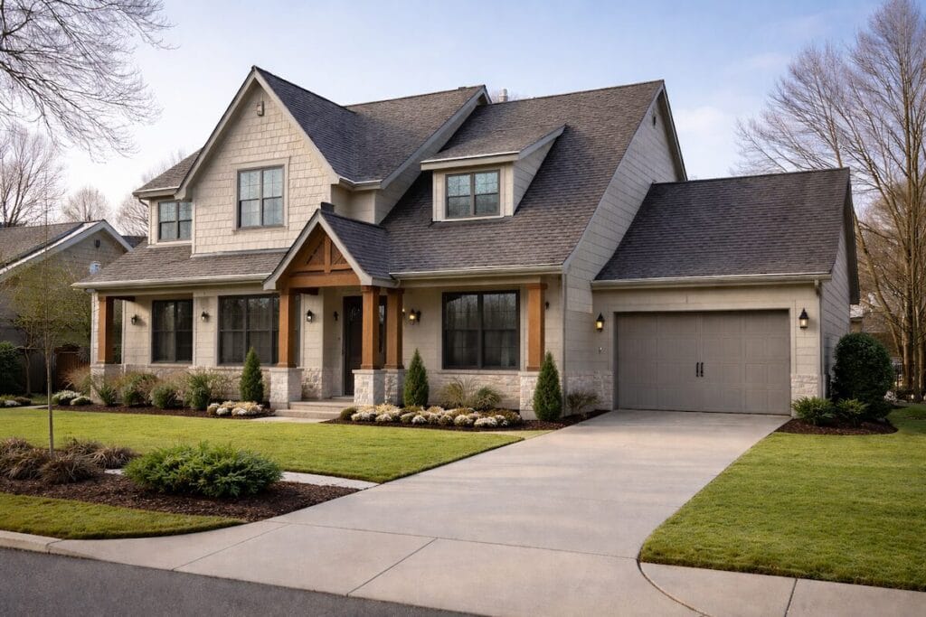 Tulsa home exterior during winter with dormant landscaping