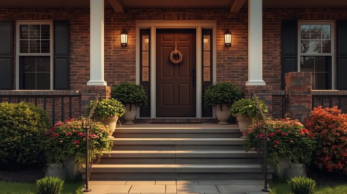 Front porch of a craftsman-style home in Bixby OK with potted plants and warm tones.