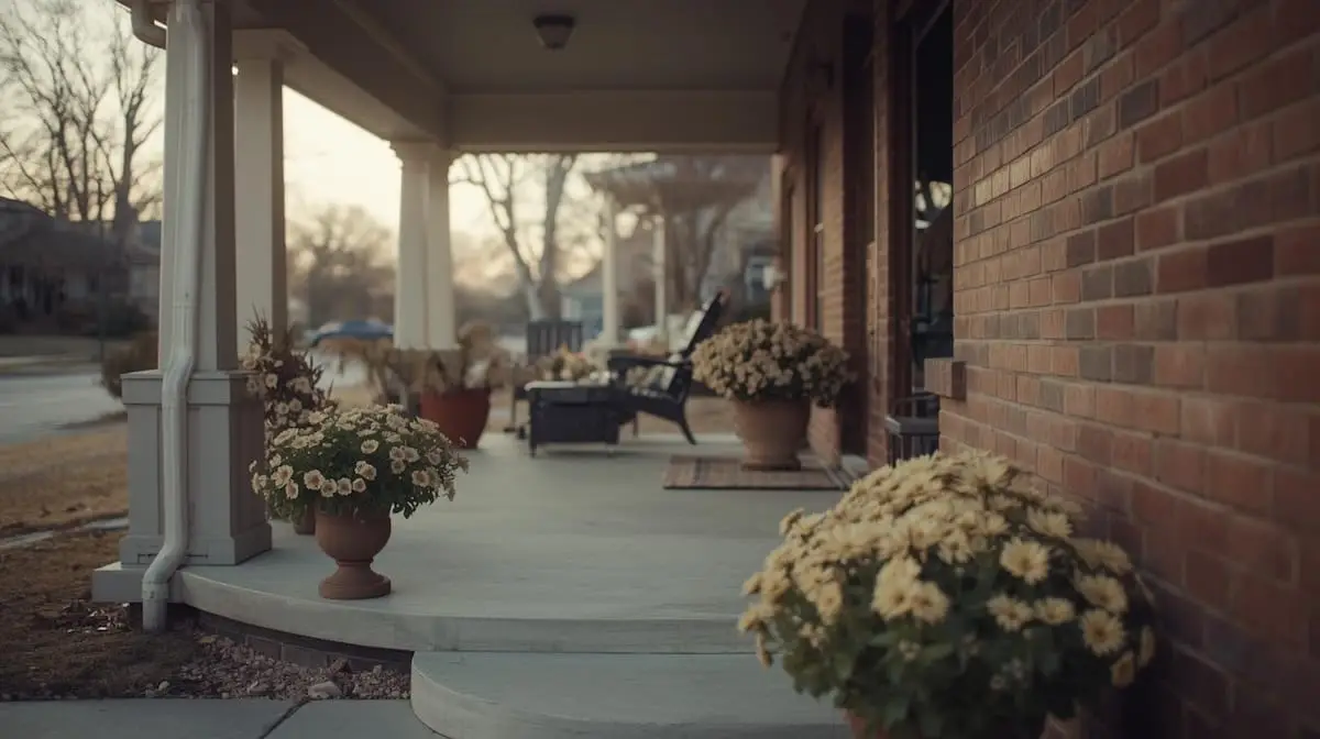 Front porch of a craftsman-style home in Broken Arrow OK with potted plants and clean steps.