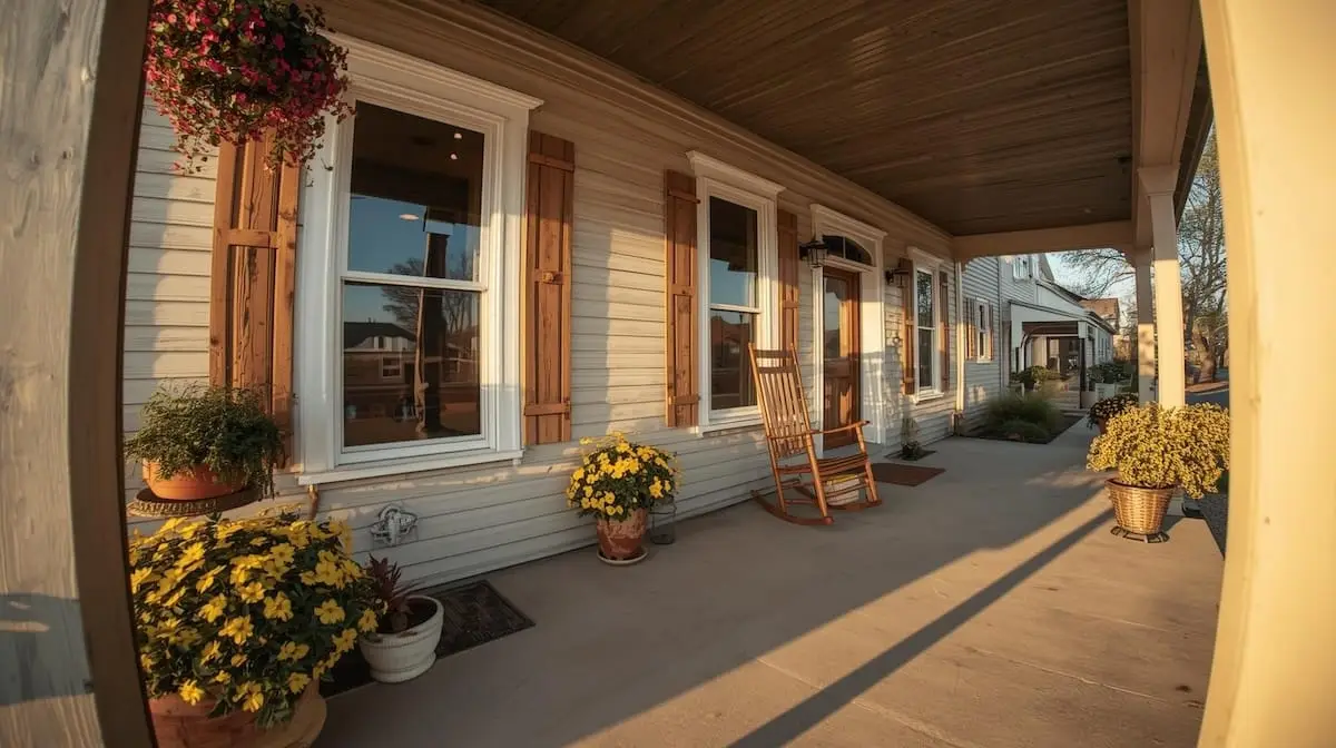 Inviting Coweta OK front porch with classic architecture and potted plants.