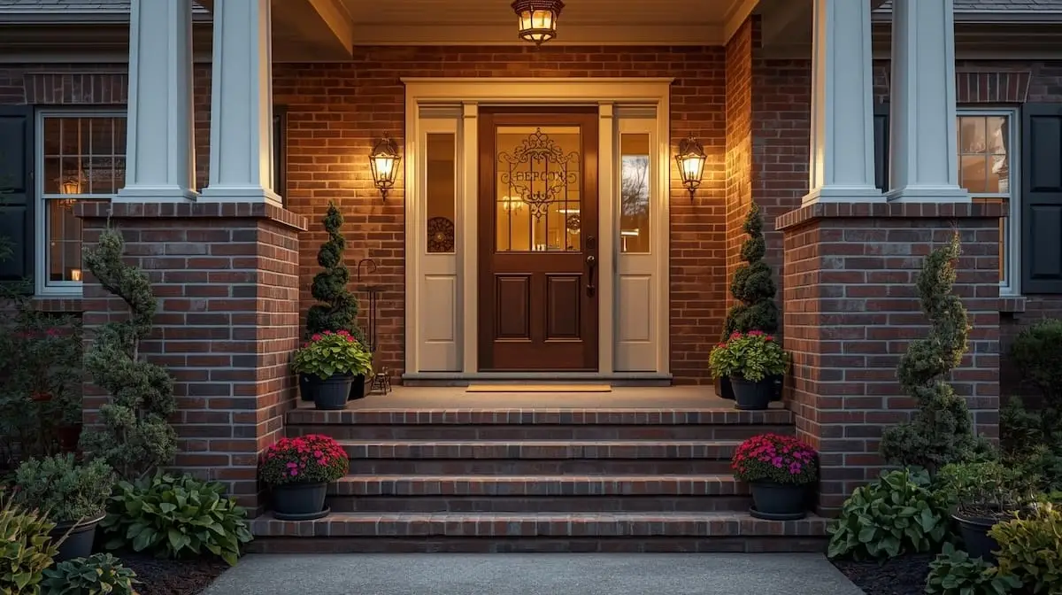 Cozy front porch of a craftsman-style home in Jenks OK with potted plants and warm lighting.
