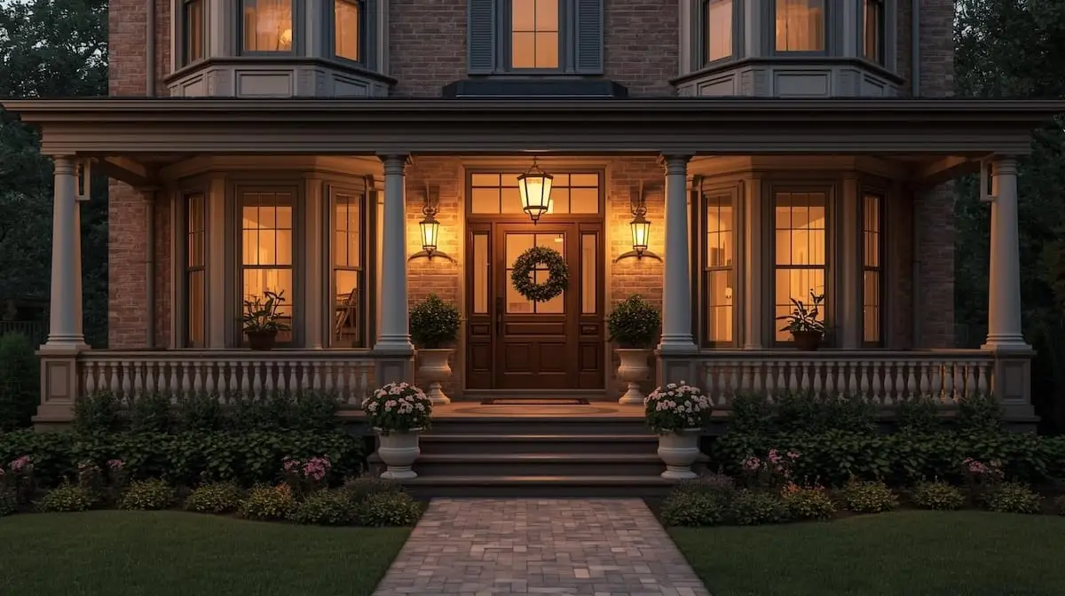 Front porch of a historic Midtown Tulsa home with brick details and potted plants.
